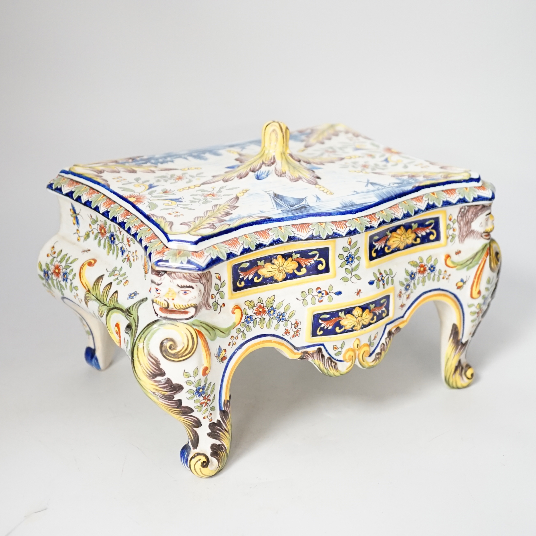 Ten items of French faience pottery, Mosanic commode shaped box, 23cm wide x 15cm high x 17cm deep